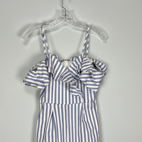 Main Strip Blue White Stripe Ruffle Off Shoulder Romper Jumpsuit size Small - Picture 4 of 12